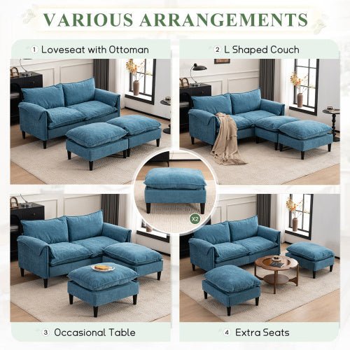 Collage of blue sofa arrangements with ottomans and a table in a living room setting.