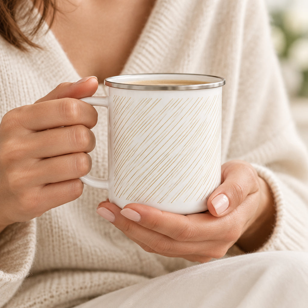 A white enamel-style mug with a silver metal rim and handle, decorated with thin diagonal gold lines, shown on a clean white background.