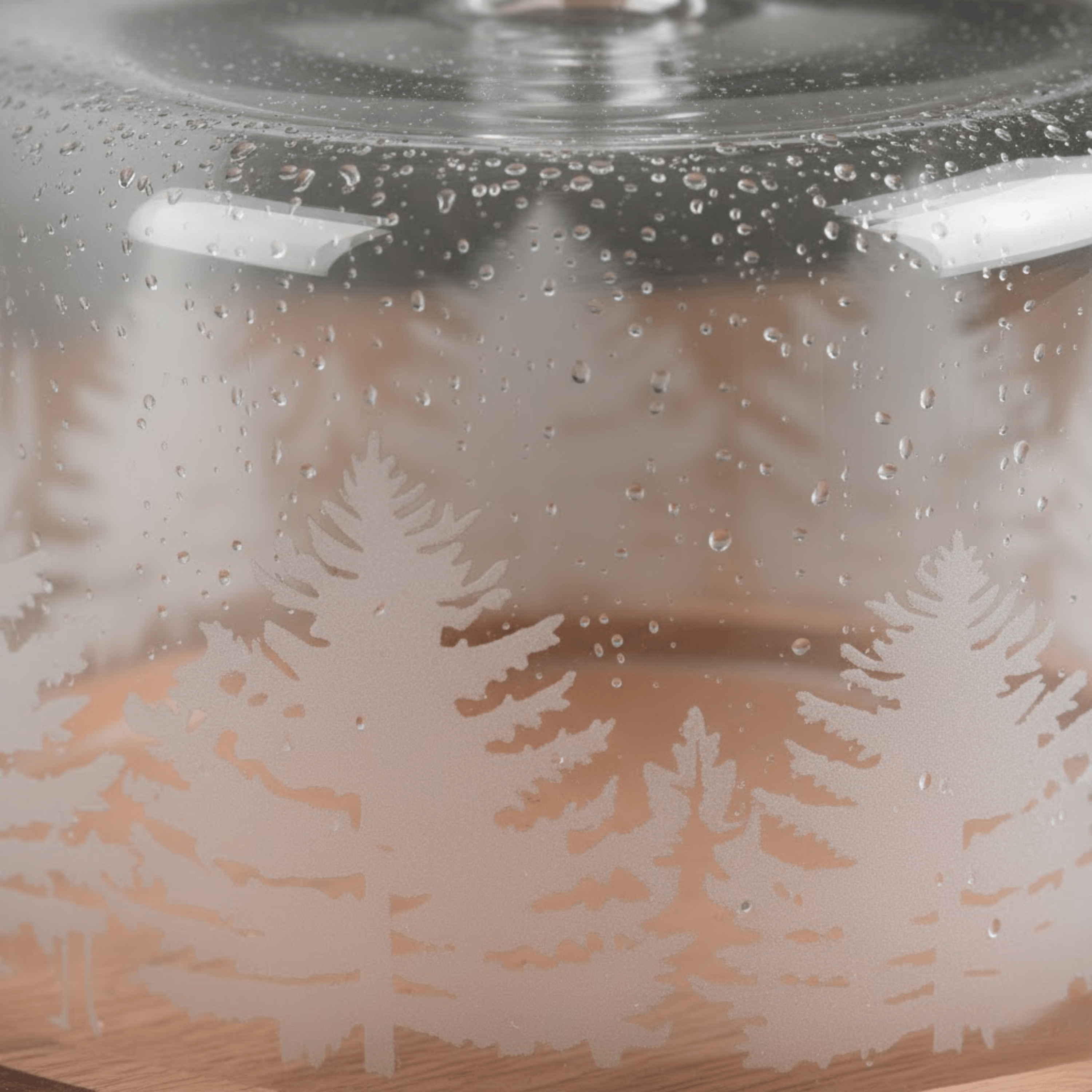 Glass teapot with tree design on a wooden surface