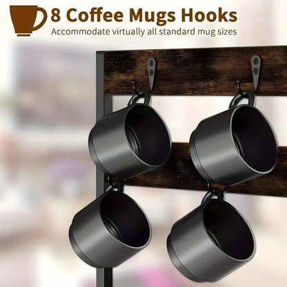Wooden mug rack with four black coffee mugs on a blurred background