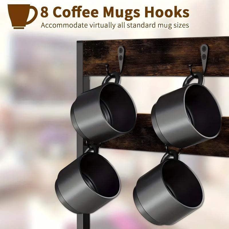 Wooden mug rack with four black coffee mugs on a blurred background