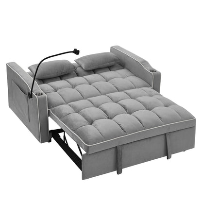 Gray sofa bed with pull-out mechanism on a white background