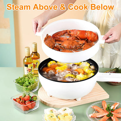 Person holding a white bowl with steamed lobsters above a black pot with cooked food on a table.