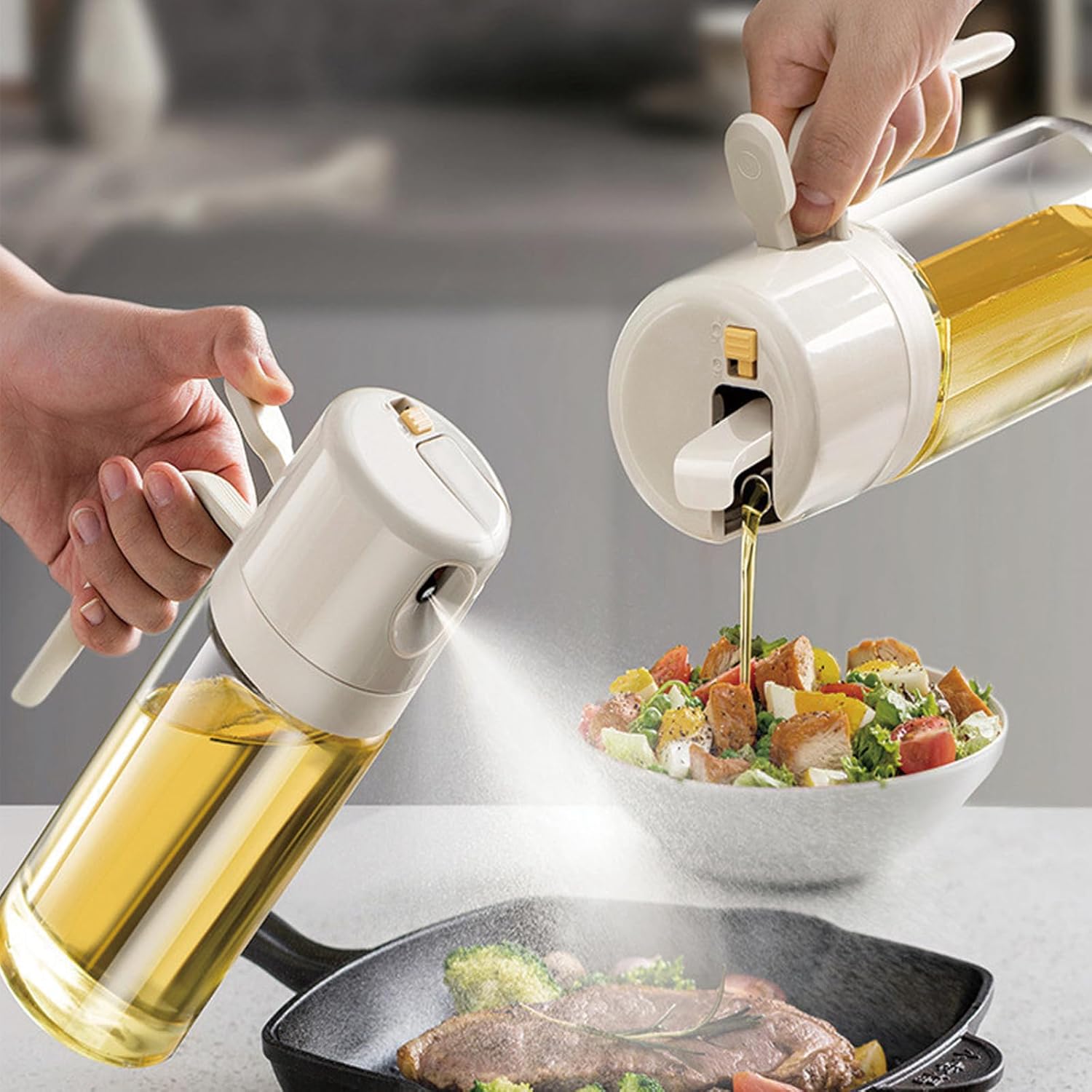 2-in-1 oil sprayer and dispenser bottle for precision cooking, grilling, and baking.