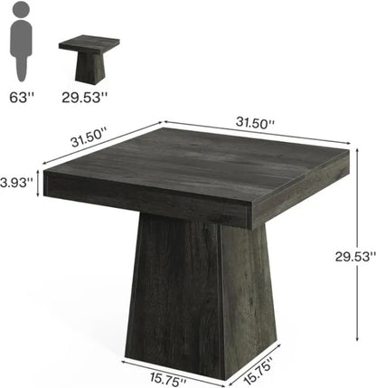 Dark wooden side table with dimensions labeled on a white background