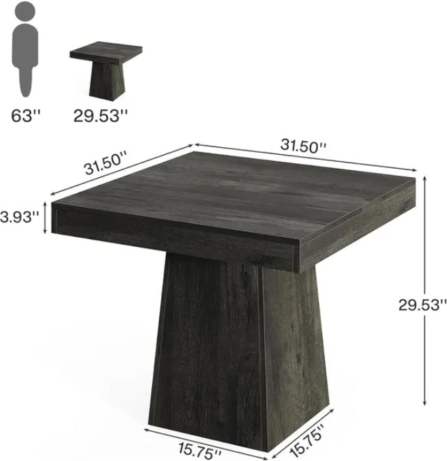 Dark wooden side table with dimensions labeled on a white background
