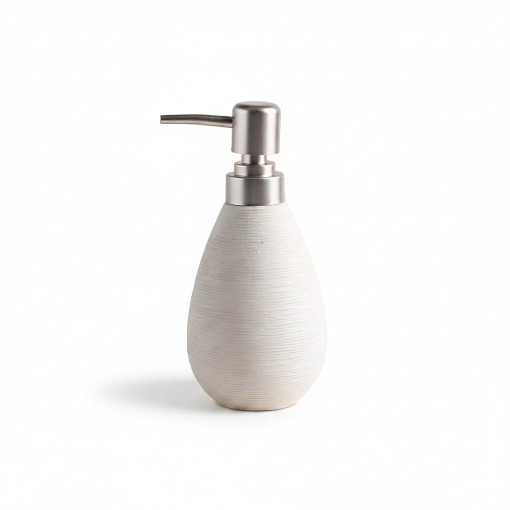 A teardrop-shaped soap dispenser with a textured off-white body and a brushed silver pump, shown with dimension lines indicating a height of 18cm and a width of 9cm.