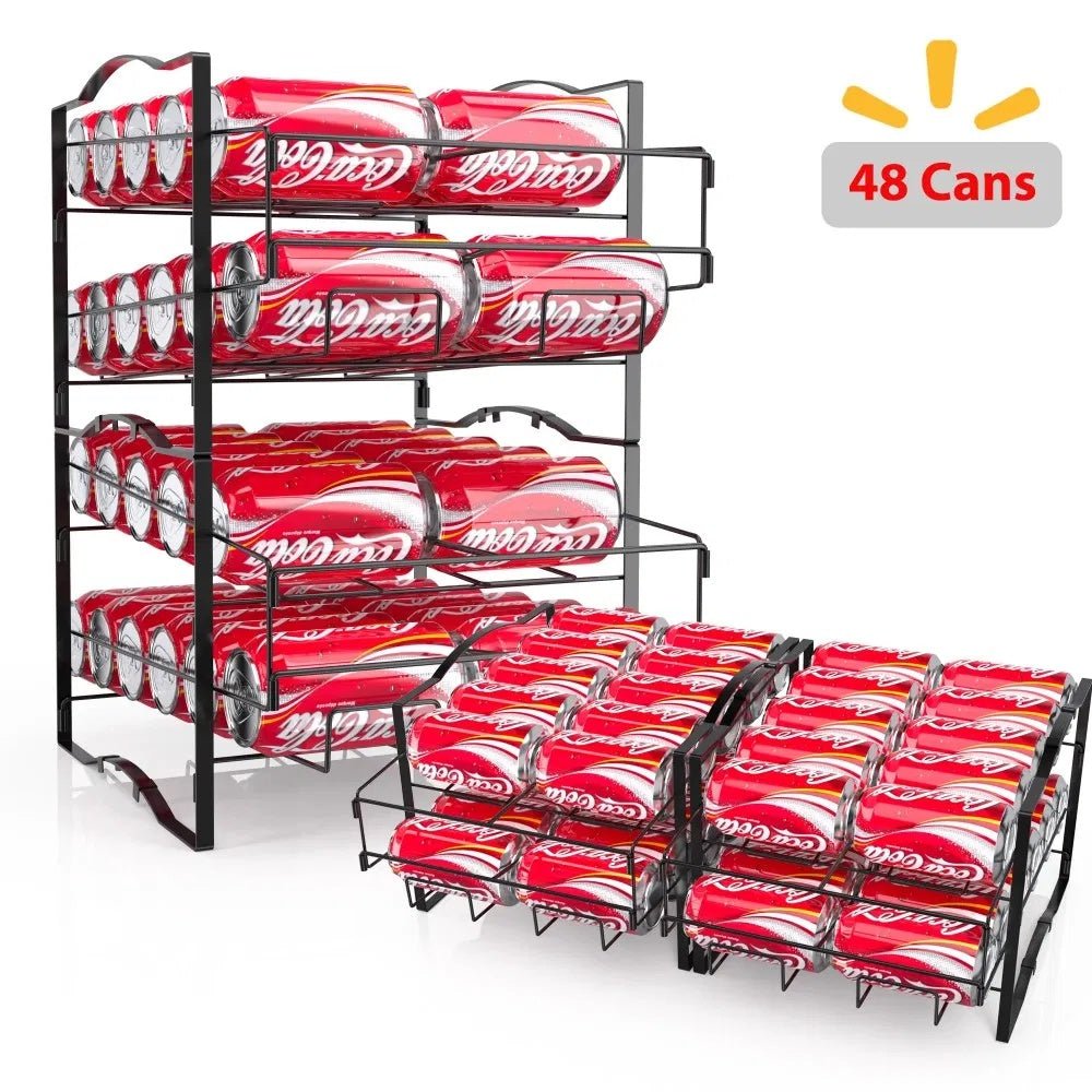 Multi-tiered metal rack with Coca-Cola cans on a white background