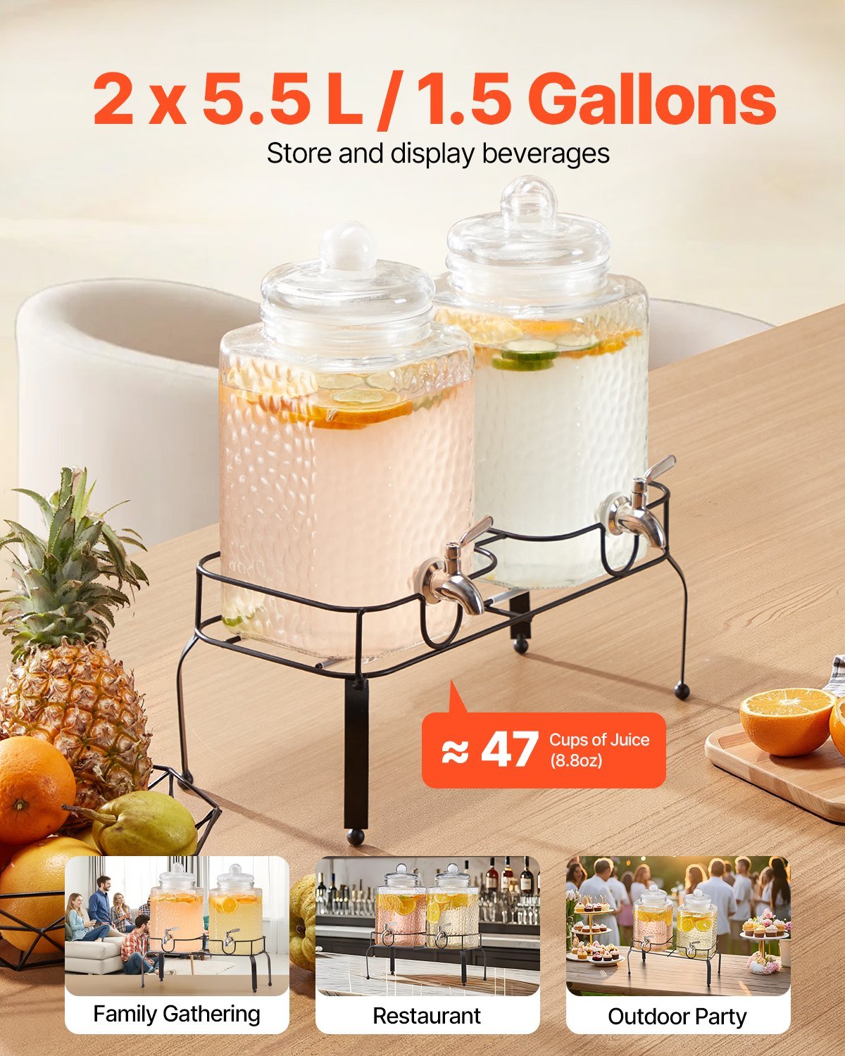 Two beverage dispensers on a stand with fruit and text indicating capacity and uses.