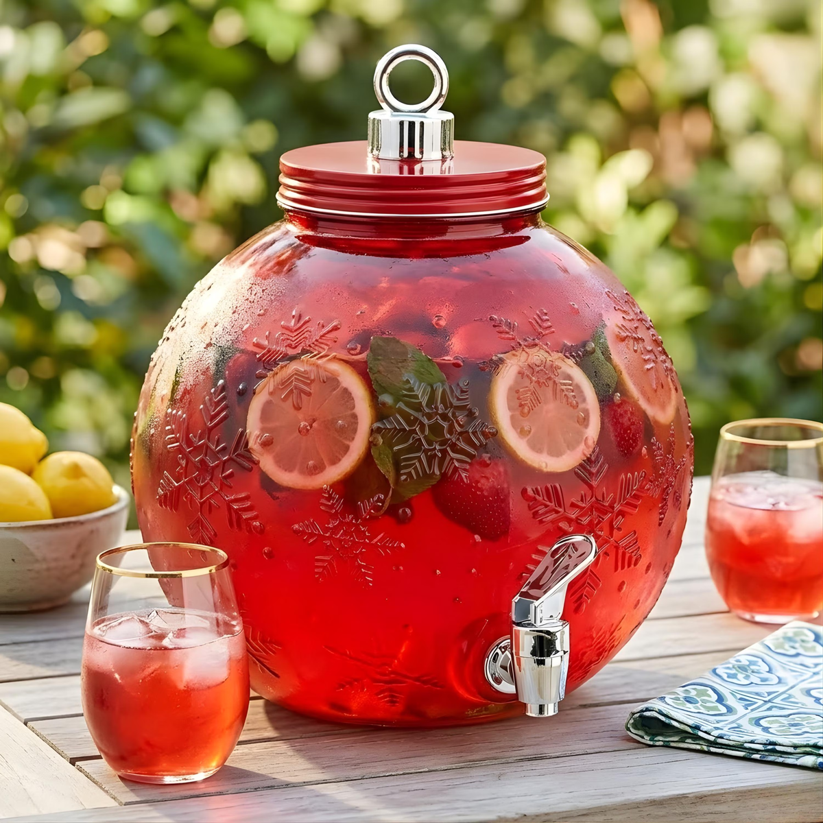 Red Ornament Glass Beverage Dispenser