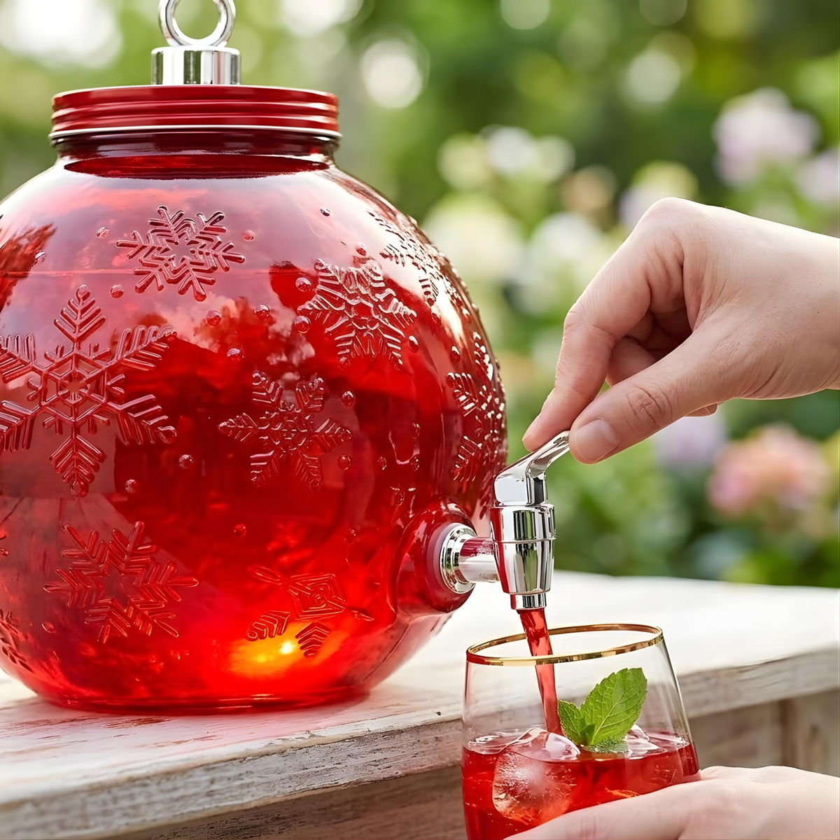 Red Ornament Glass Beverage Dispenser