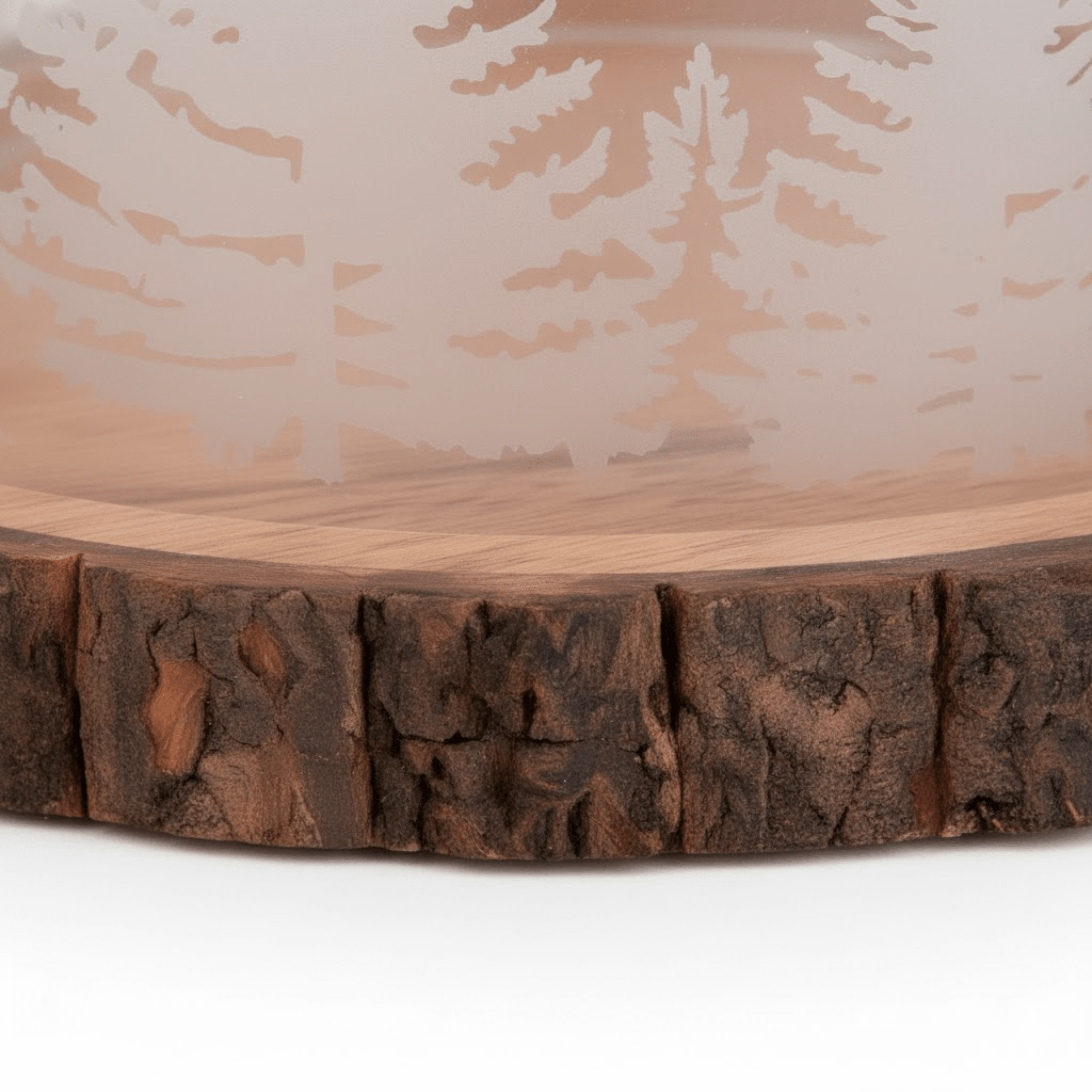 Wooden cutting board with natural edge and engraved design on a white background