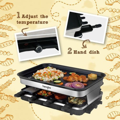 Electric raclette grill with food on a decorative background