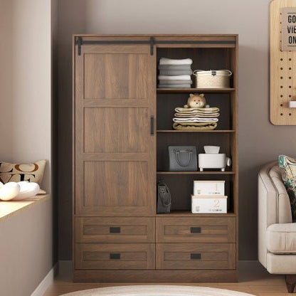 Wooden wardrobe with sliding door in a room setting