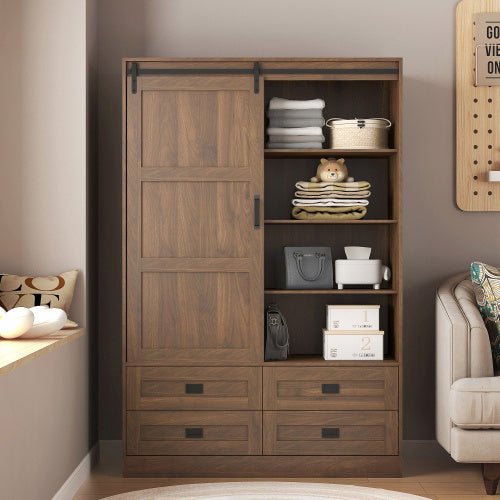 Wooden wardrobe with sliding door in a room setting