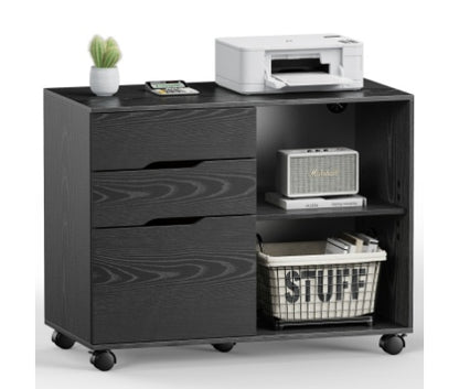 Black storage cabinet with drawers, a printer, and a basket labeled 'STUFF' on a white background.