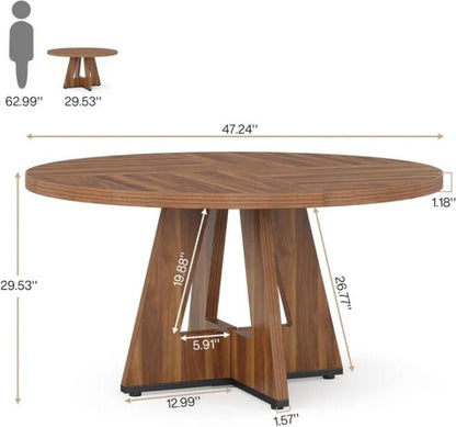Wooden dining table with dimensions indicated on a white background