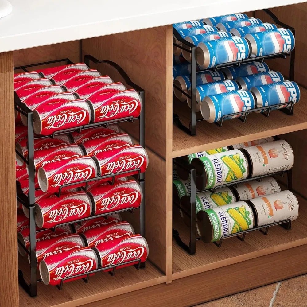 Beverage can organizers with Coca-Cola, Pepsi, and other brands inside a wooden cabinet.