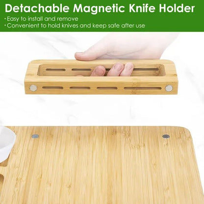 Detachable magnetic knife holder on a wooden cutting board with text highlighting its features.