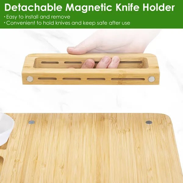 Detachable magnetic knife holder on a wooden cutting board with text highlighting its features.
