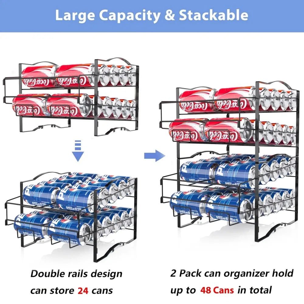 Stackable can organizer with double rails design for storing cans.