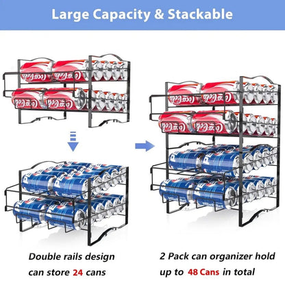 Stackable can organizer with double rails design for storing cans.