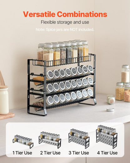 Spice rack with various spice jars on a kitchen counter, showing different tier options.