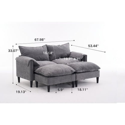 Gray sectional sofa with dimensions labeled on a white background