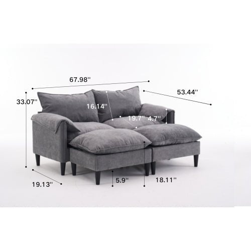 Gray sectional sofa with dimensions labeled on a white background
