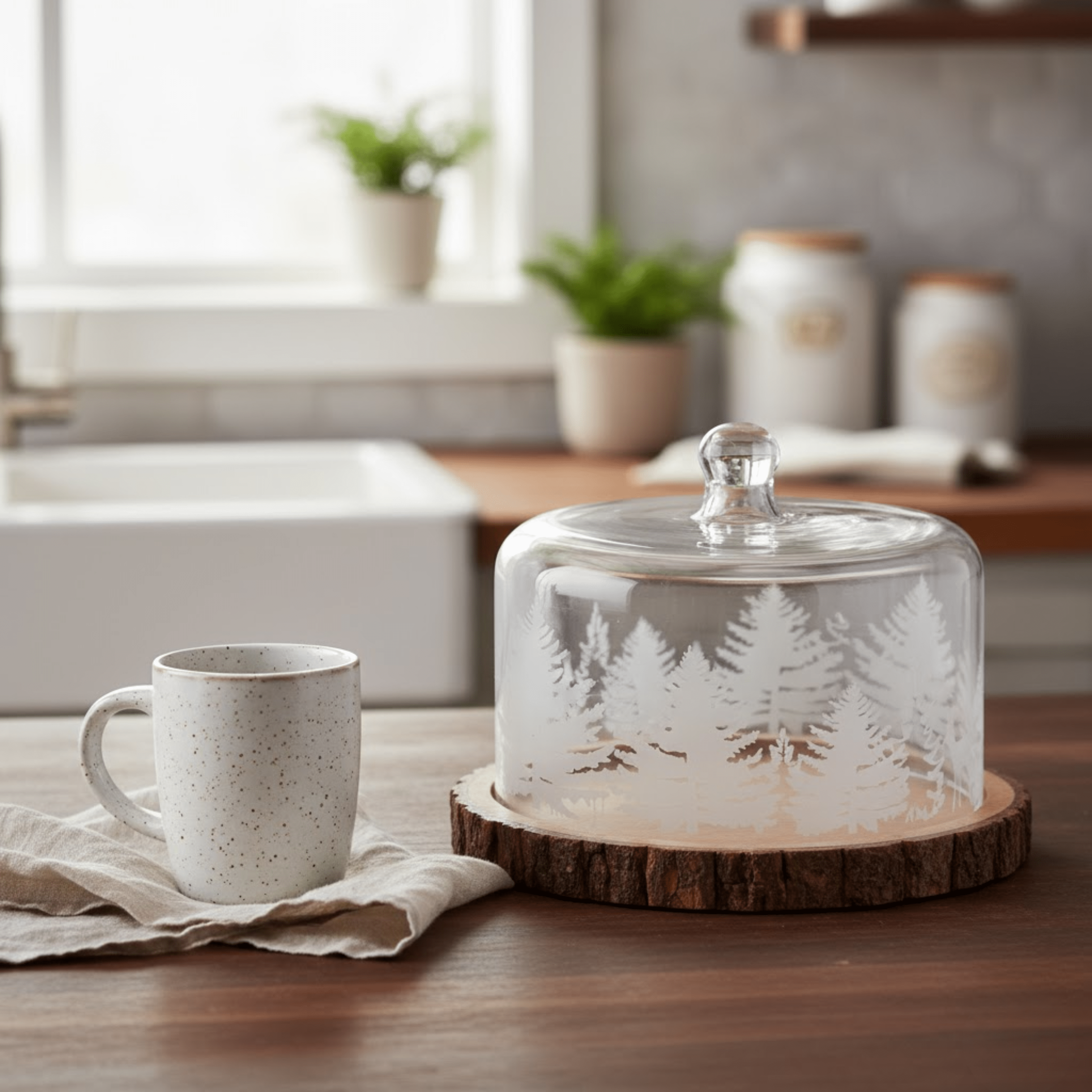 Glass cloche with nature design on a wooden base next to a ceramic mug on a table.