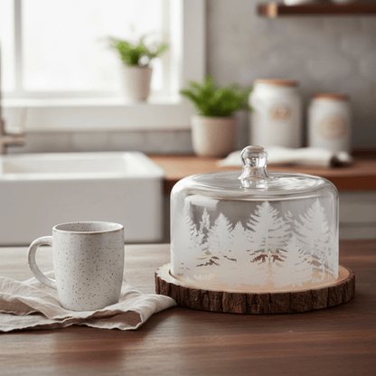 Glass cloche with nature design on a wooden base next to a ceramic mug on a table.