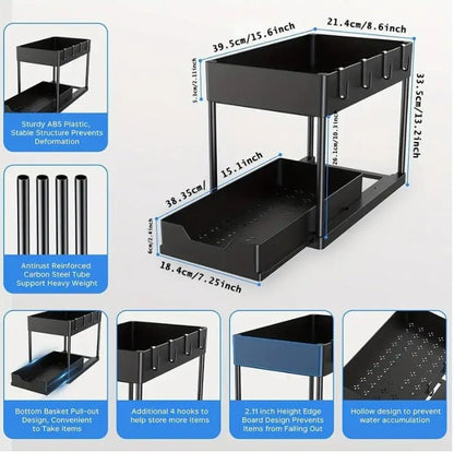 Black storage cart with measurements and features on a white background