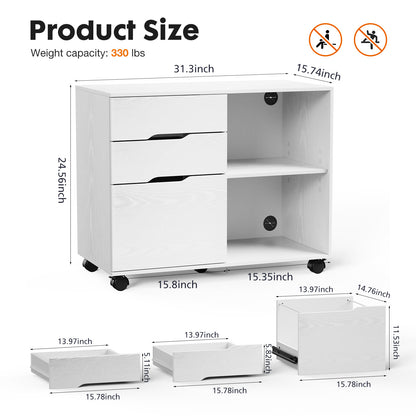 White storage cabinet with dimensions and weight capacity on a white background
