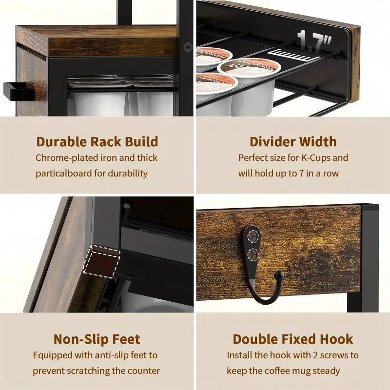 Coffee mug rack with features highlighted on a beige background