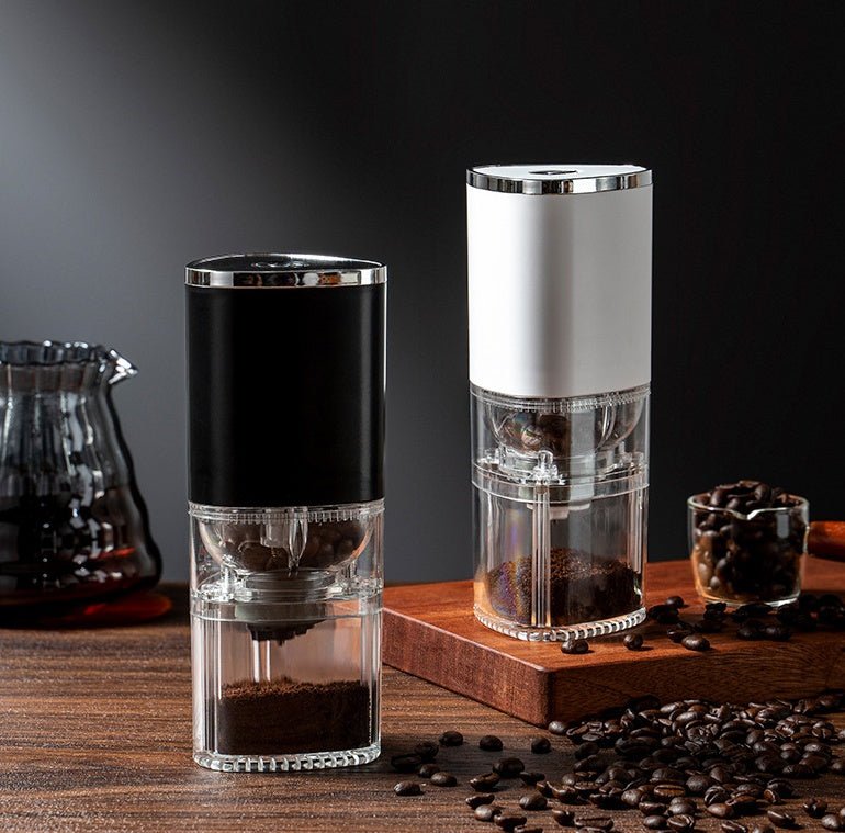 Electric coffee grinder with USB rechargeable design and adjustable grind settings.