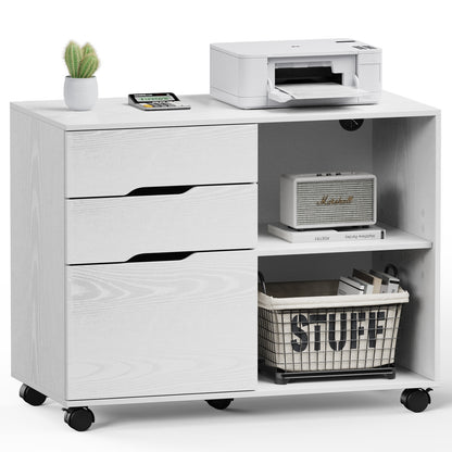 White office cabinet with drawers, shelves, and electronic devices on a white background