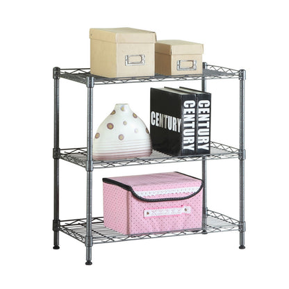 Three-tier metal storage rack with various items on a white background