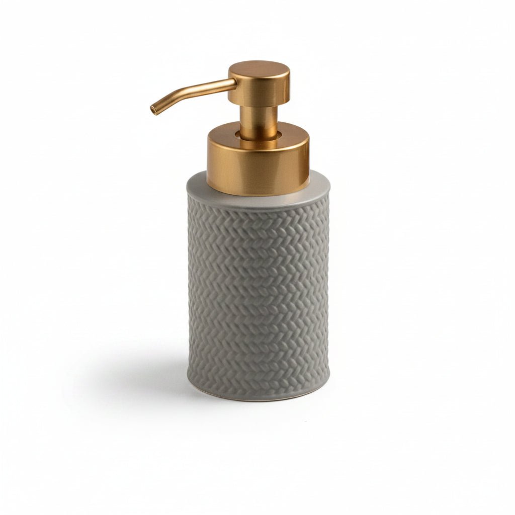 Gray woven pattern lotion bottle with gold pump, showing dimensions and weight on a white background.