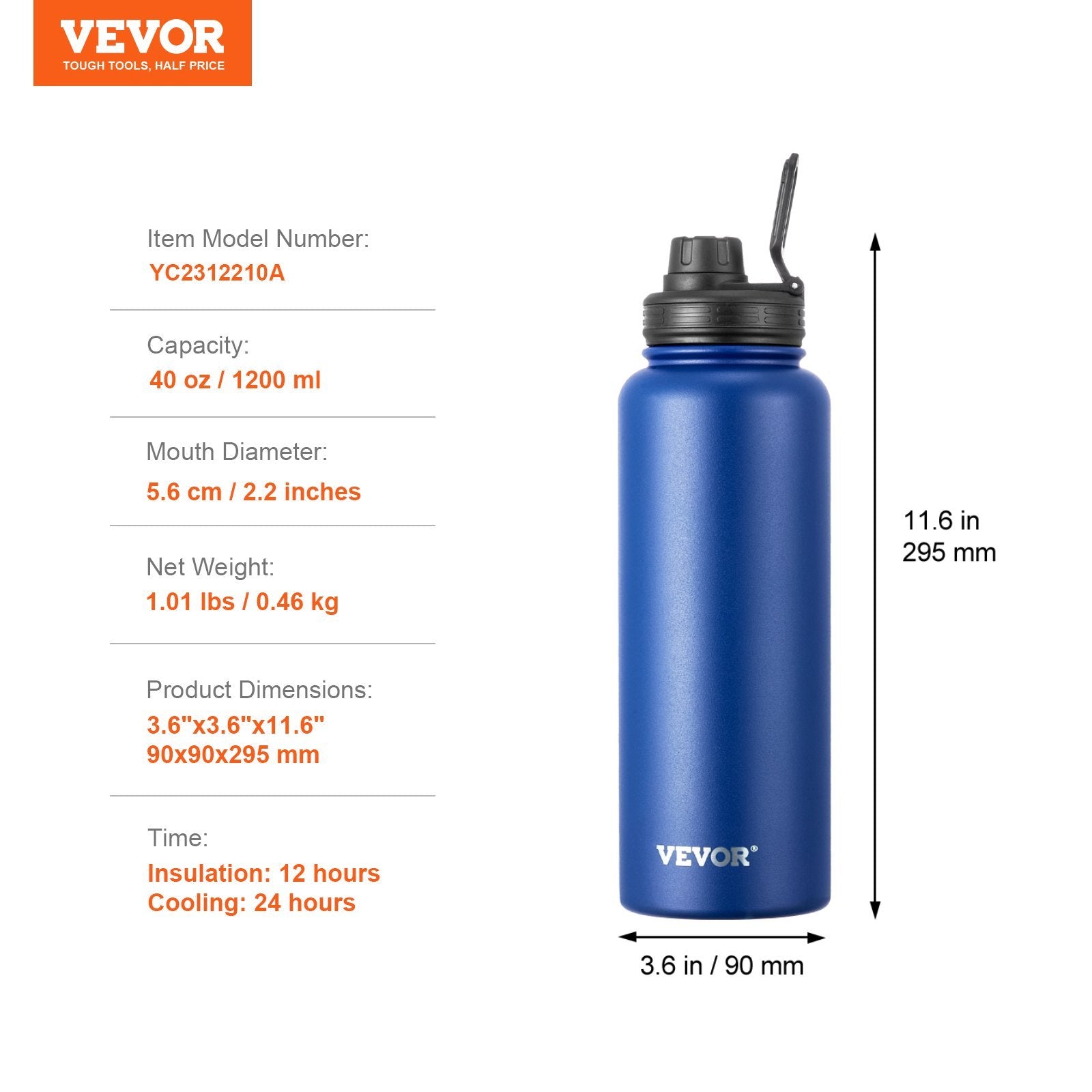 Blue water bottle with VEVOR branding and product specifications on a white background