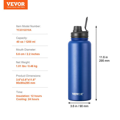 Blue water bottle with VEVOR branding and product specifications on a white background