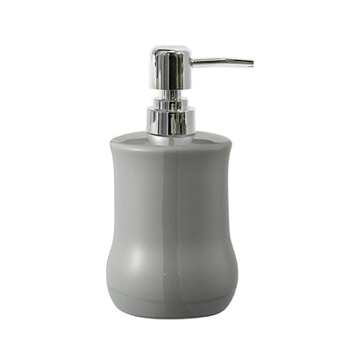 Gray soap dispenser with a silver pump on a white background