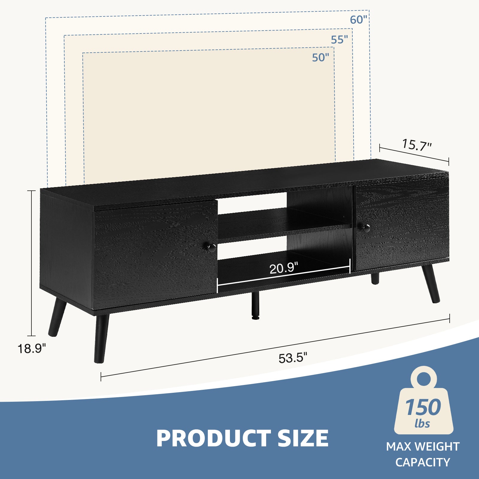 Black TV stand with dimensions and weight capacity displayed