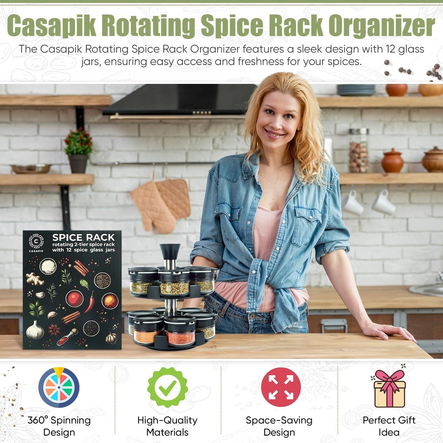 Woman in a kitchen with Casapik Rotating Spice Rack Organizer and packaging.