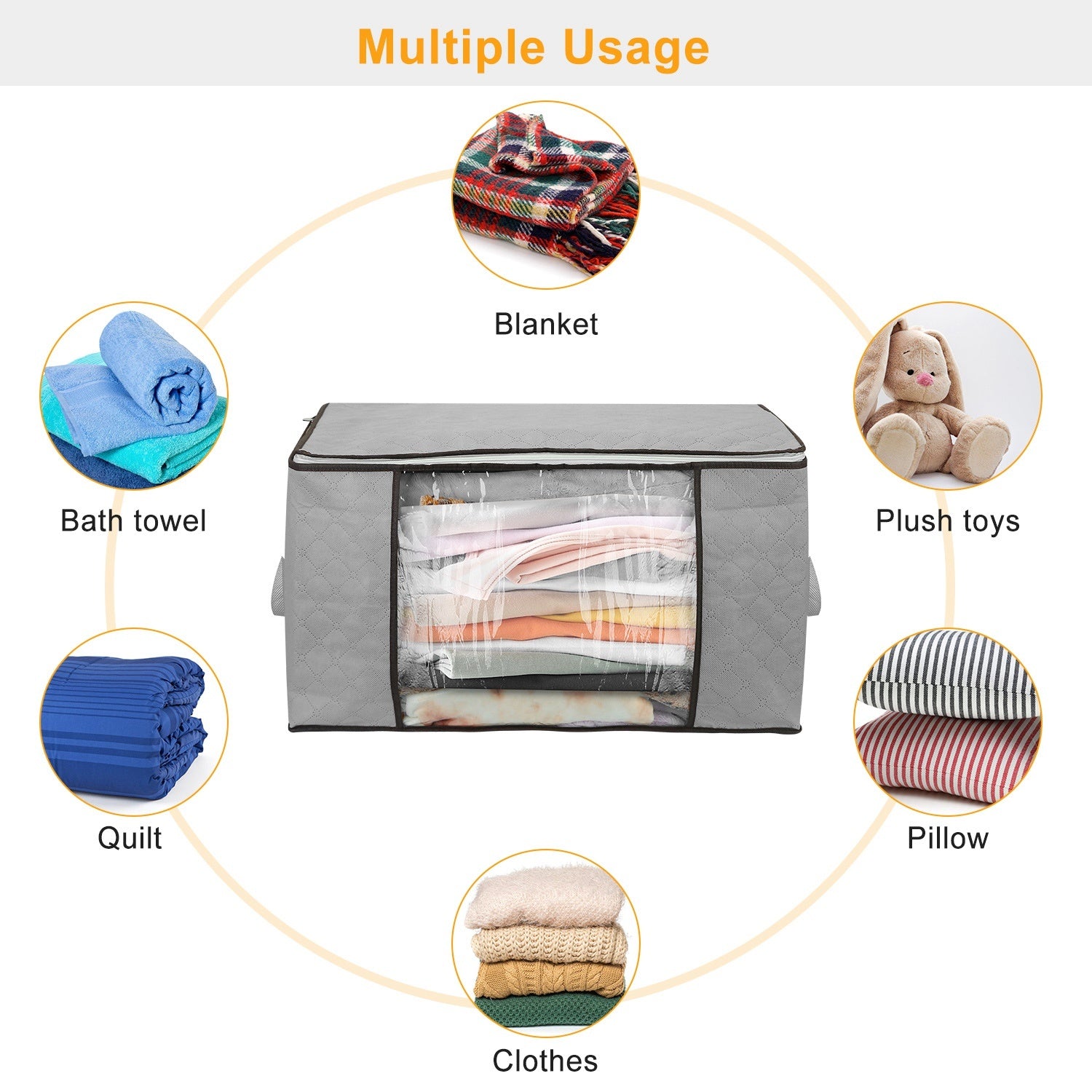 Gray storage bag with various items it can hold, including a blanket, bath towel, plush toys, quilt, and clothes.