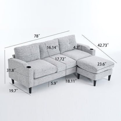Gray sectional sofa with ottoman and dimensions labeled on a white background