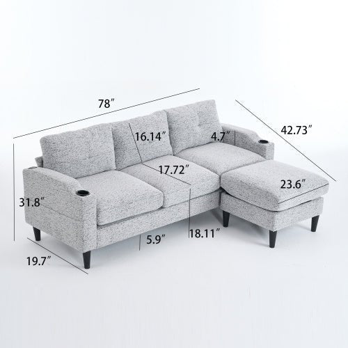Gray sectional sofa with ottoman and dimensions labeled on a white background