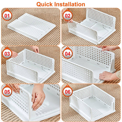 Step-by-step guide on how to assemble a white storage basket with quick installation text above.