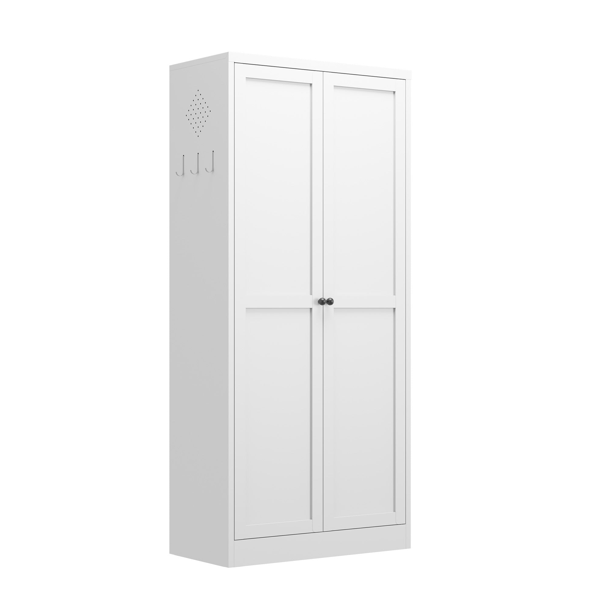 White metal cabinet with two doors on a white background