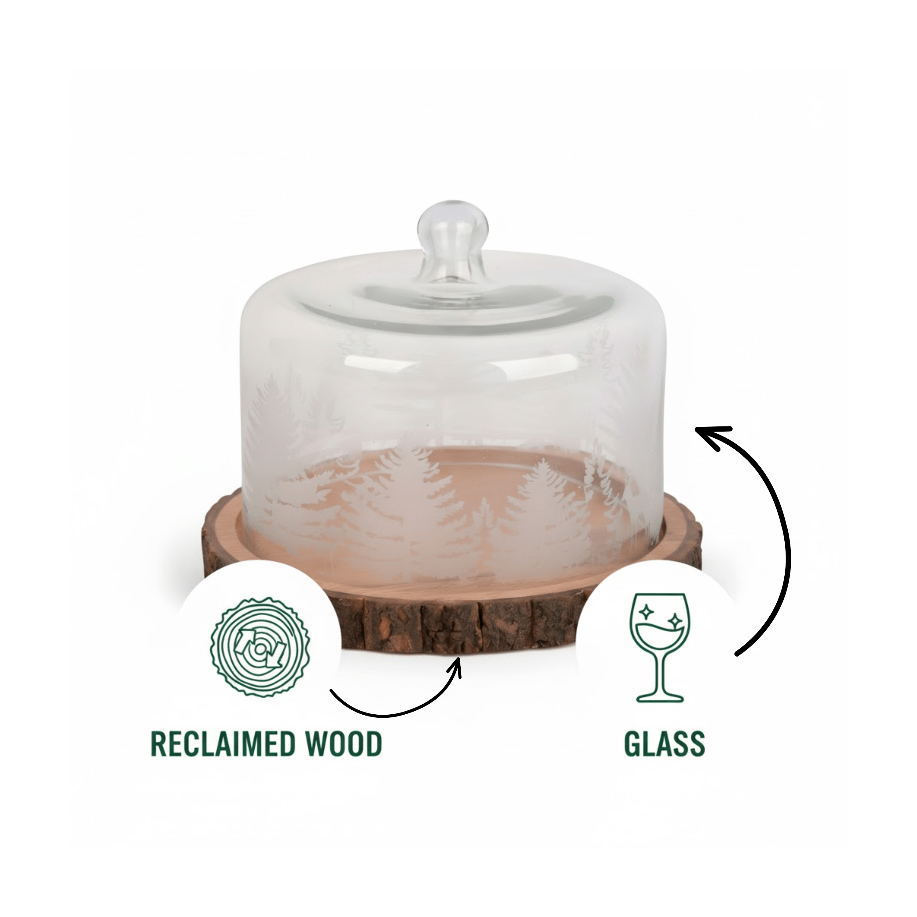 Glass dome with wooden base on a white background, featuring 'Reclaimed Wood' and 'Glass' labels.