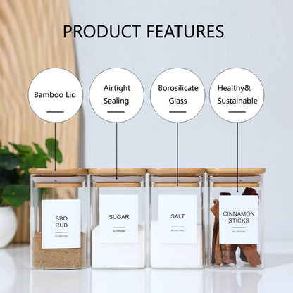 12 Pcs Square Spice Jars With Stickers, - TableFab